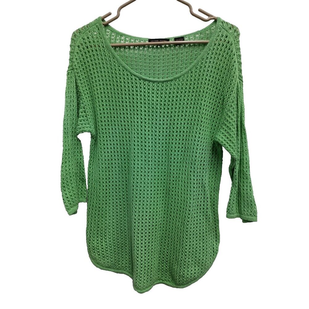 Jeanne Pierre Womens Sweater Medium Kelly Green Open Knit 3/4 Sleeve Pullover